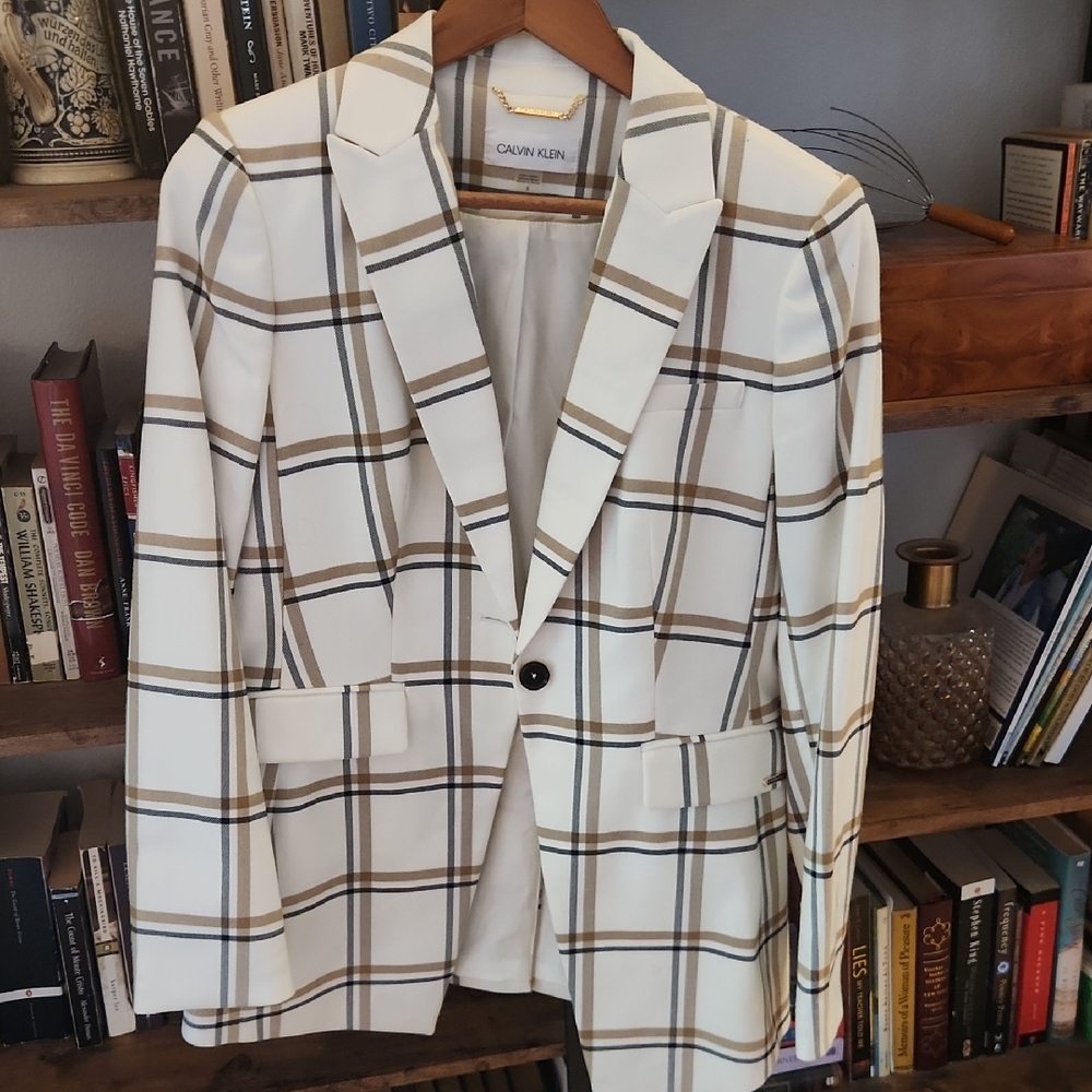 Calvin Klein Women's White and Brown Plaid Blazer
